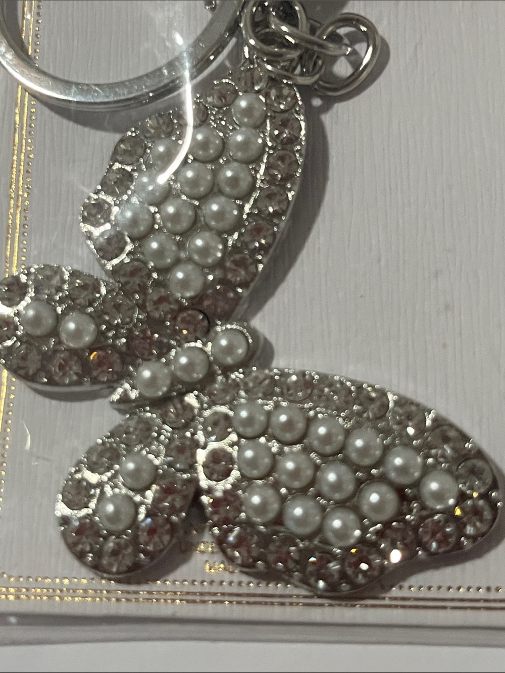 Silver Pearl Butterfly Keychain/Bag charm,Rhinestones and Faux Pearls